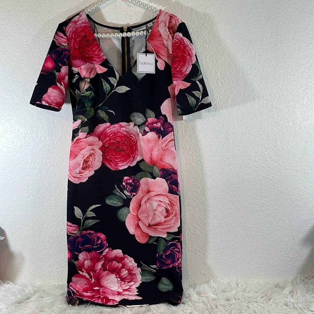 PREMIER AMOUR Floral Bodycon V-Neck Dress Short Sleeve Size 8 New